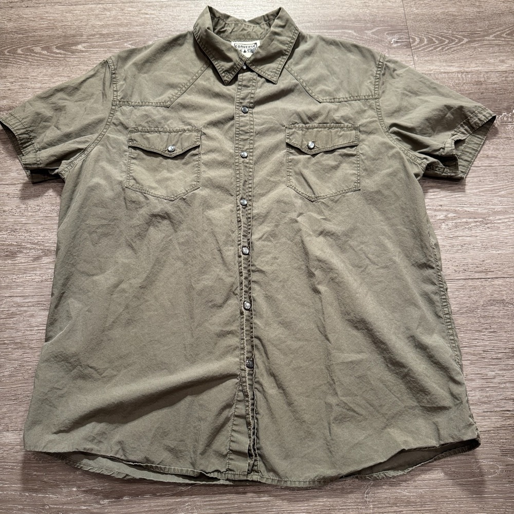 Vintage Converse One Star Shirt Mens Large Green Short Sleeve Pearl Snap Adult‎